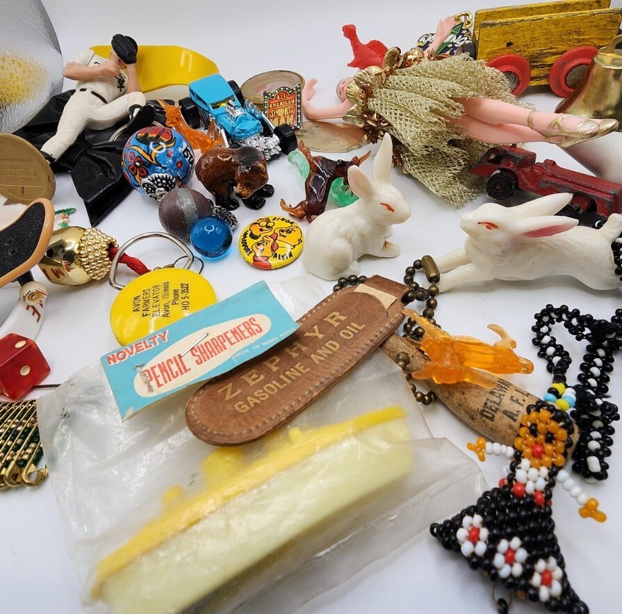 Vintage Antique Junk Drawer Lot Toys Keychain Pin Figurines Mixed Materials