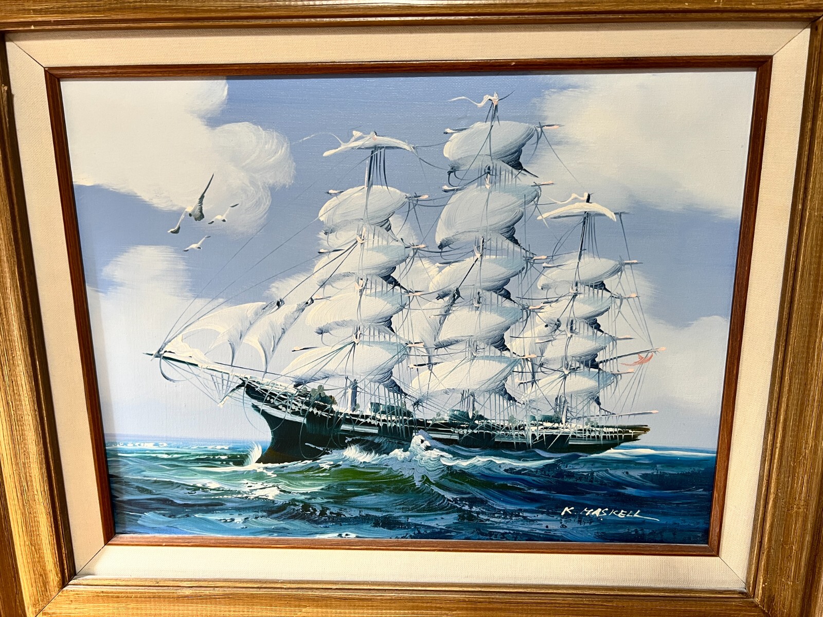 Framed K Maskell Sailing Ship Open Seas Painting 12×16