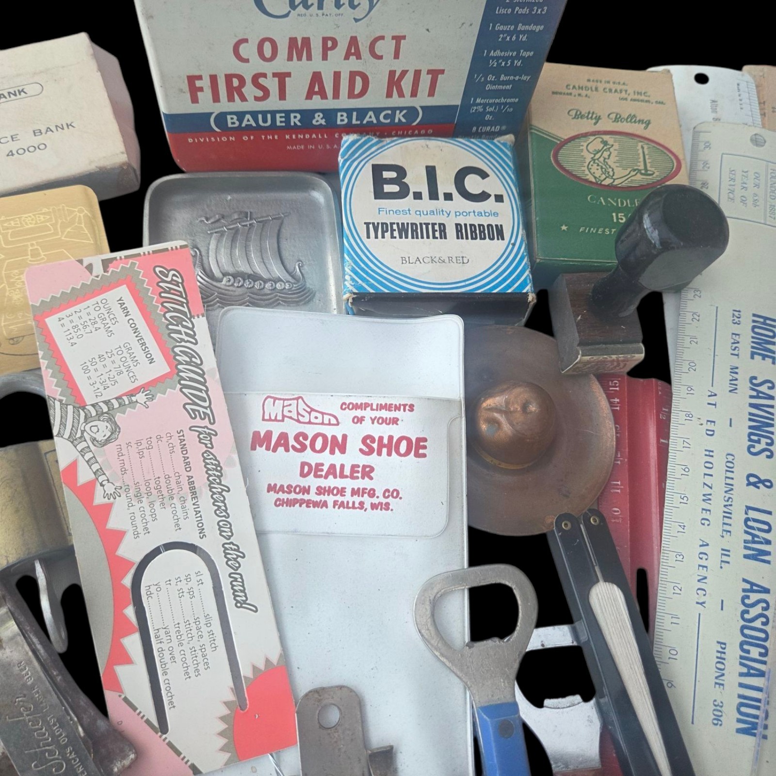 Vtg Junk Drawer Grandpas Desk Lot of Advertising Rulers Bottle Openers Keychains