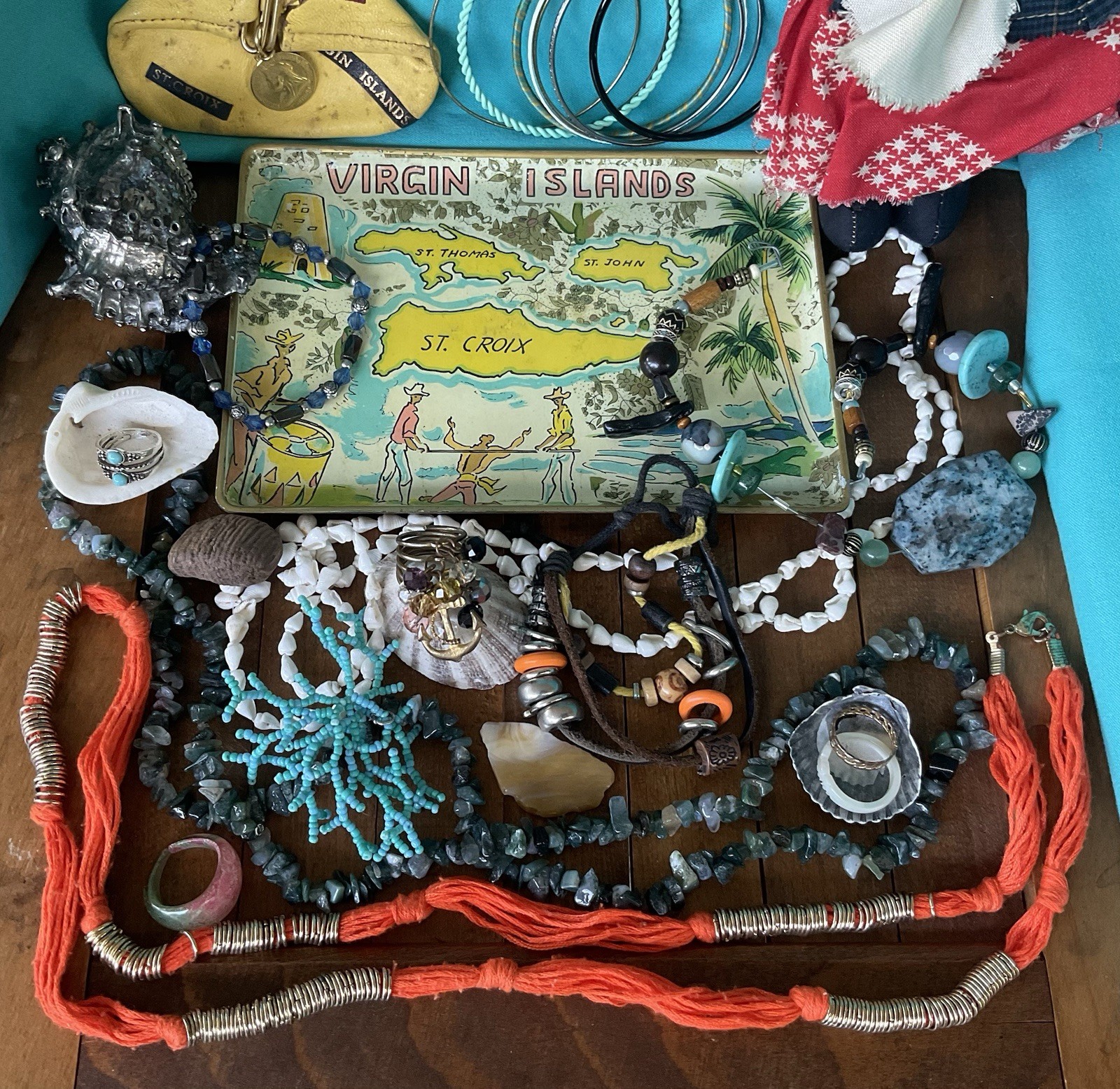 Vintage junk drawer LOT Island Caribbean Souvenirs Jewelry Doll stones coins