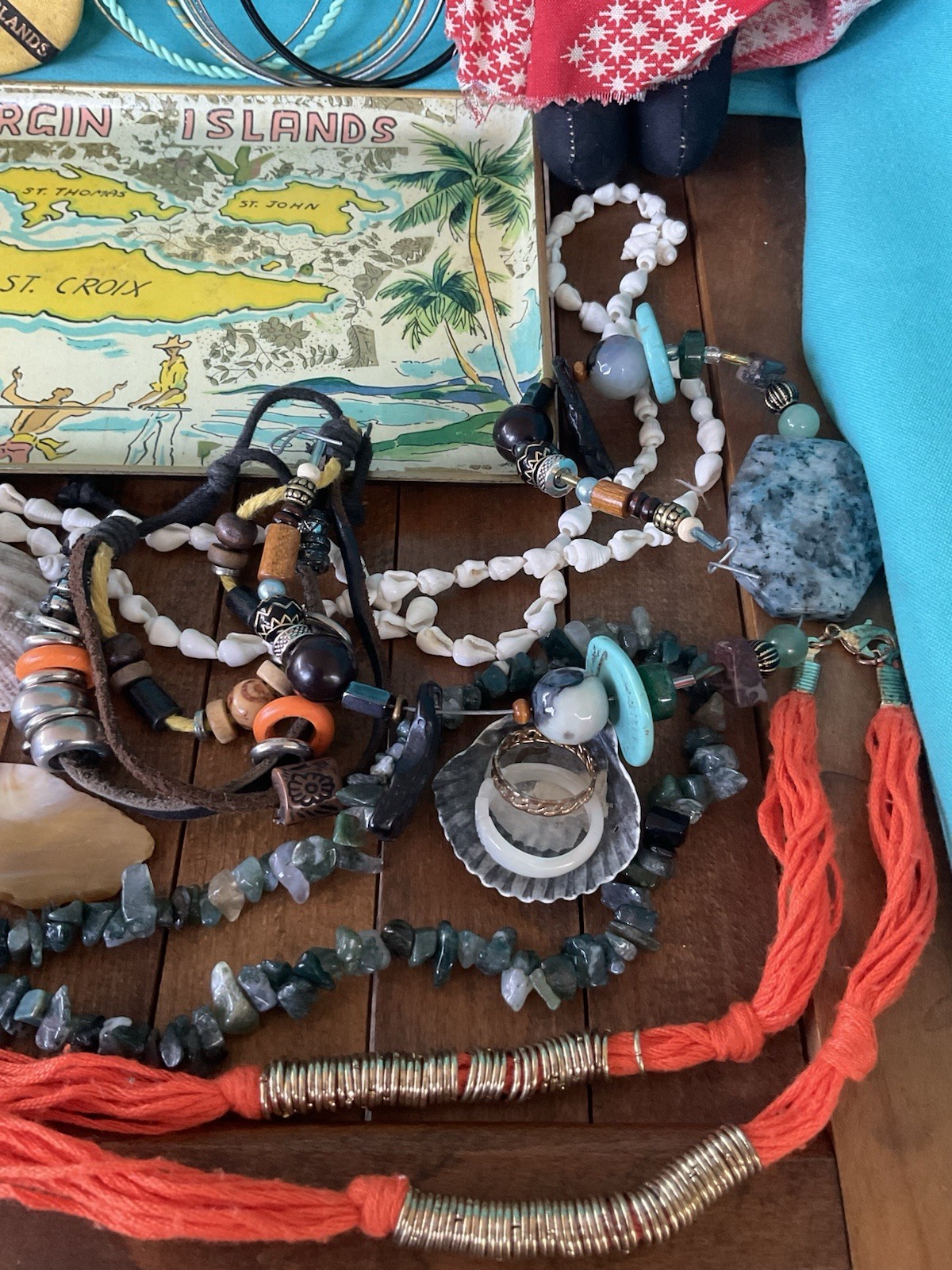 Vintage junk drawer LOT Island Caribbean Souvenirs Jewelry Doll stones coins