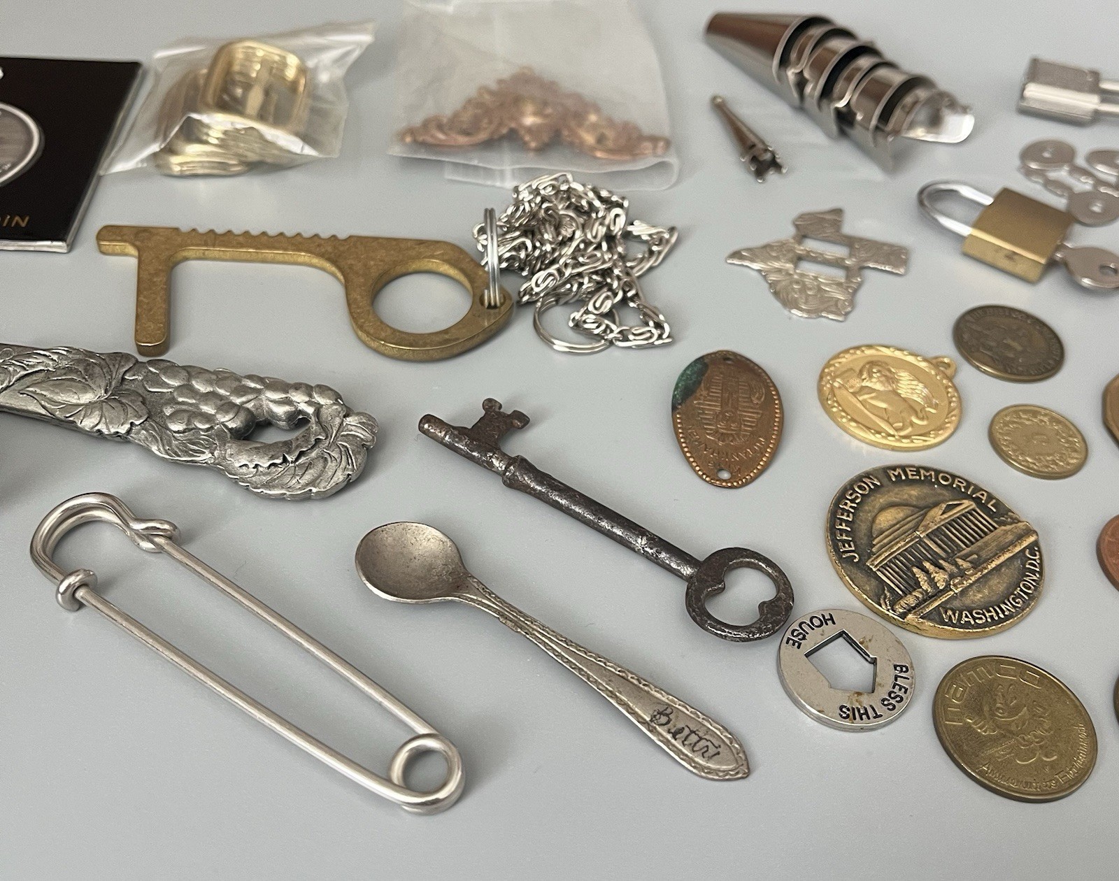 VTG Junk Drawer All Metal Misc Items Coins-Keys-Lock-And More