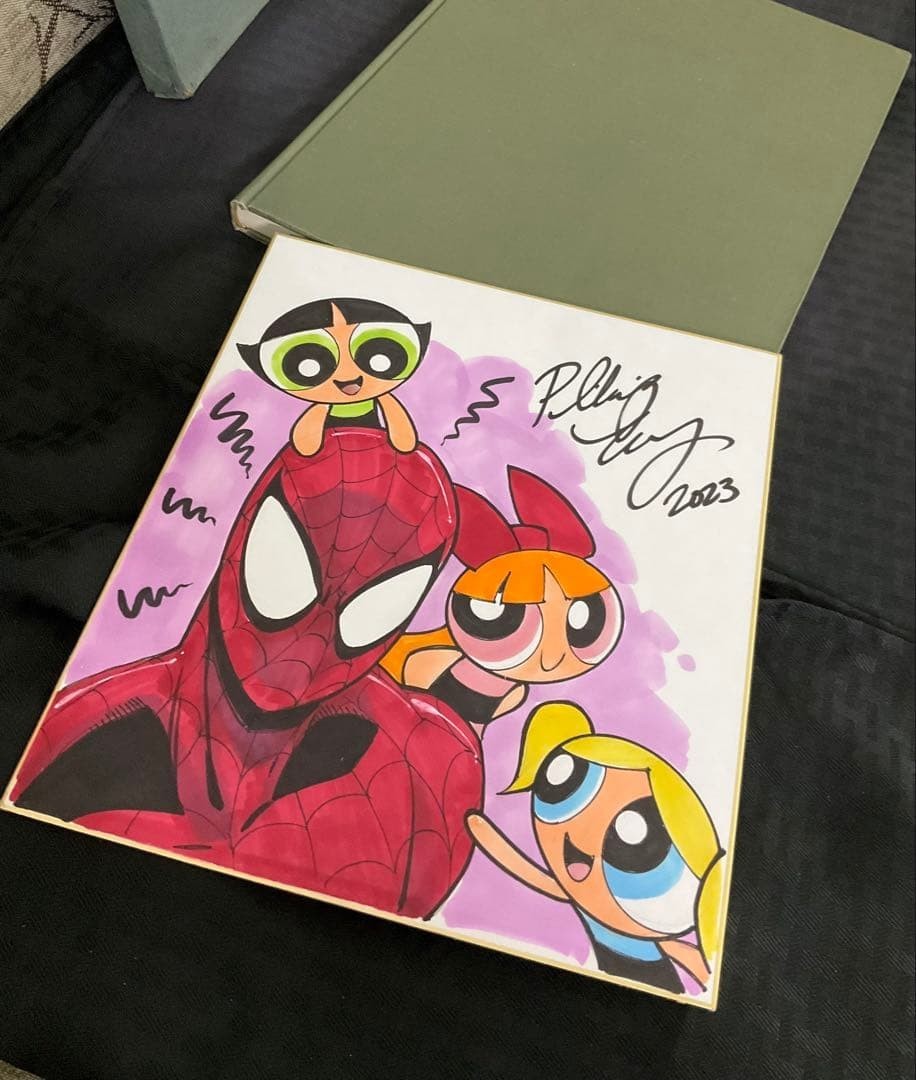 Powerpuff Girls vs Spider-Man Signed Art Original Comic Book Page 27x24cm