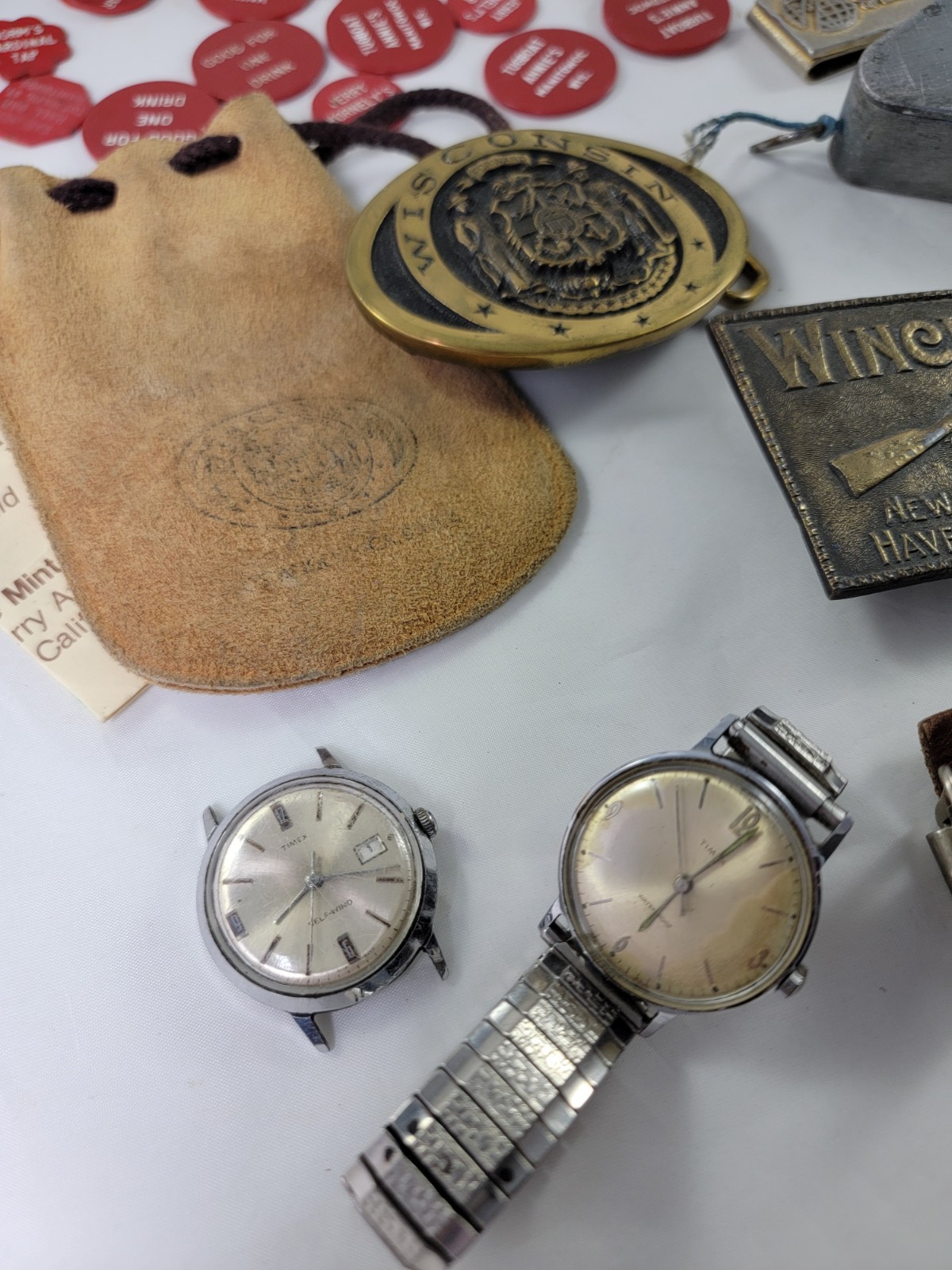 Men’s Estate Junk Drawer Lot Vintage Casino Coin Collectibles Watch Buckles Pins
