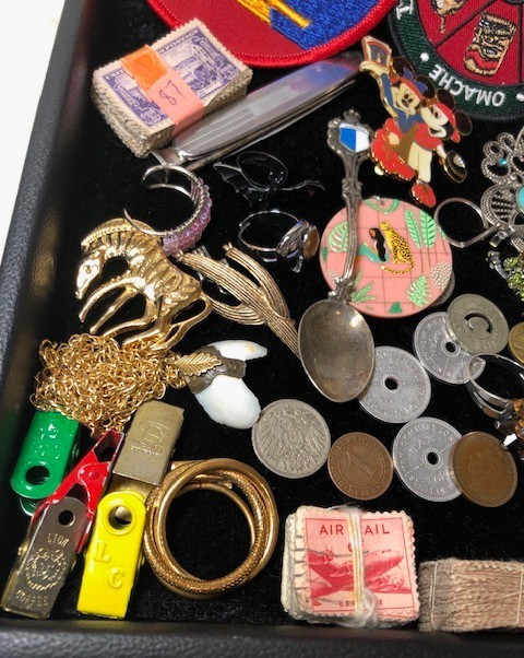 Junk Drawer Lot estate coins pins silverplated stopper keys pendant brooch rings