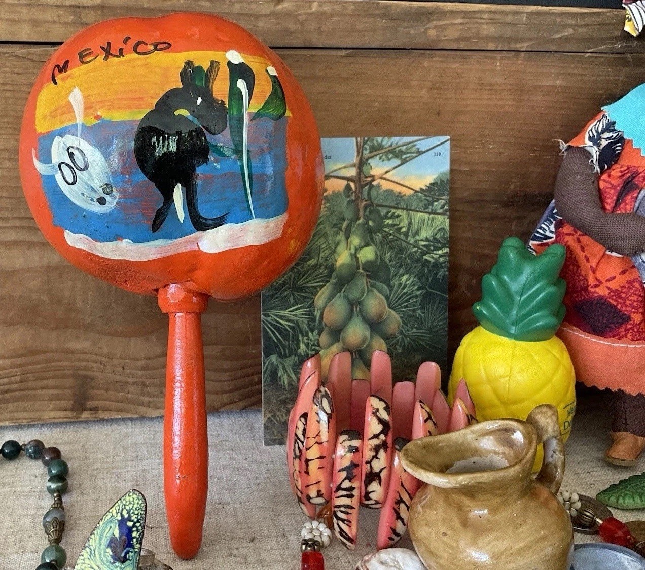 Vintage junk drawer LOT Island Caribbean Souvenirs Jewelry Doll stones coins
