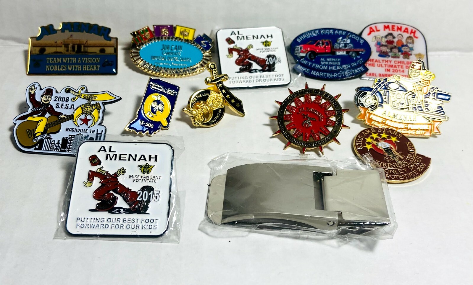 JUNK DRAWER Lot of Shriners Pins, money clip, Lapel & hat Pins-13 pieces- LILA