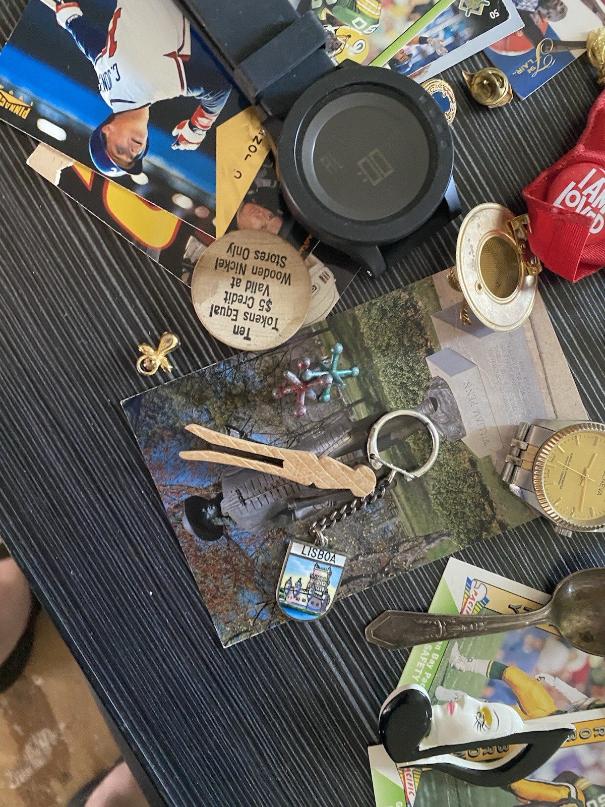 Vintage Estate JUNK DRAWER Lot Watches Lapel Pins Spoon Magnets Baseball Cards