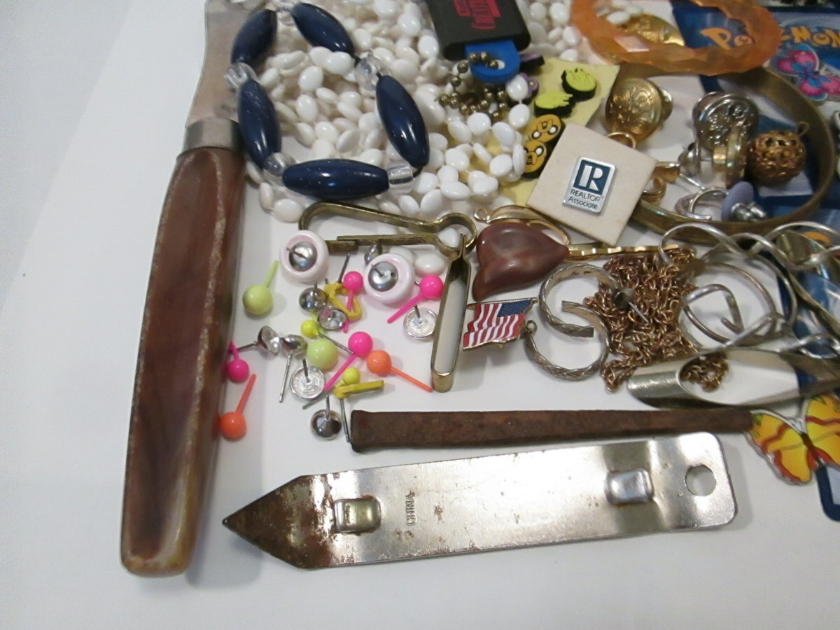 Vintage to Now Junk Drawer Lot Jewelry Pokemon Japan Tin Canister Pins etc