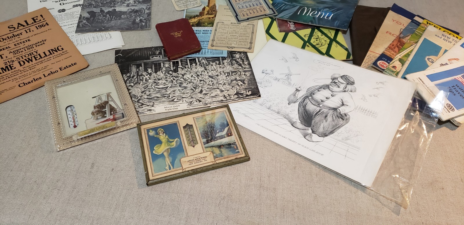 VINTAGE DESK DRAWER FINDS MAPS MENUS CALENDARS POLITICAL SATIRE SEE DESCRIPTION