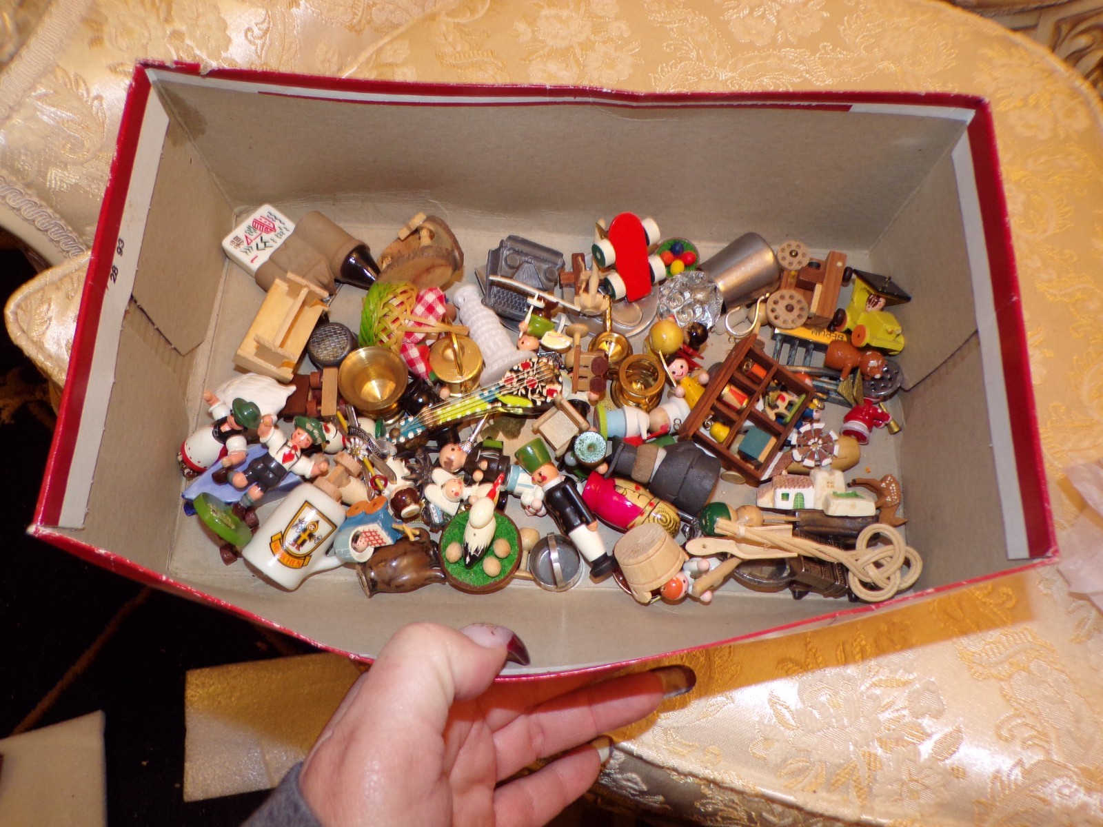 VTG Large Box of Miniatures Wooden Ornaments, Glass Figurine and Metal