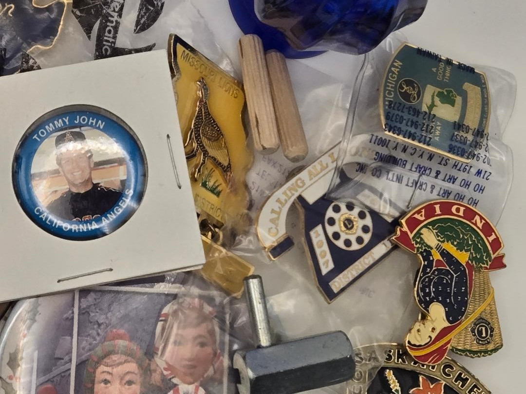 VTG estate junk drawer lot coins salt & pepper shakers cobalt blue lapel pins