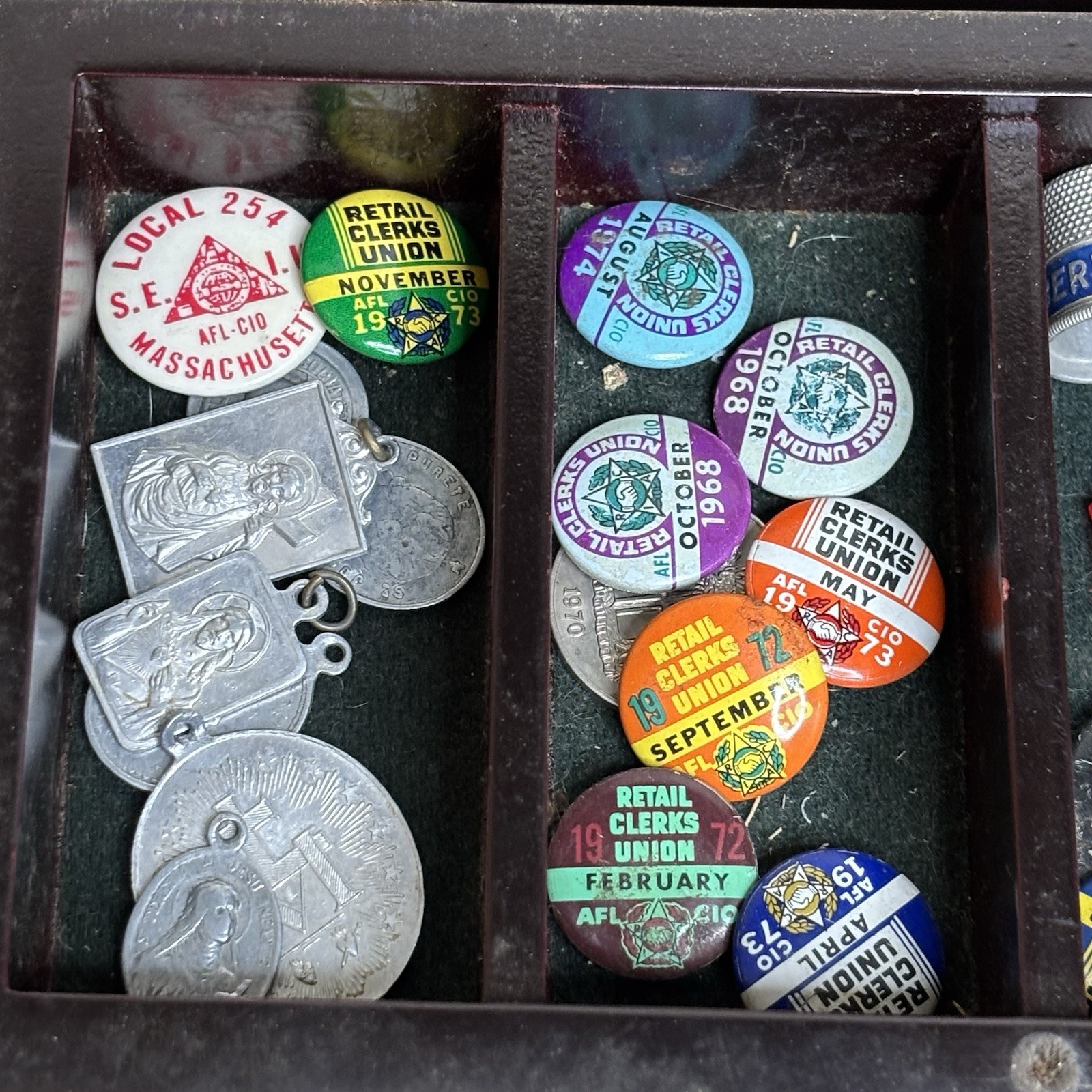 Vintage Junk Drawer Lot – Retail Clerks Union Pins Religious Key Dice Thimble