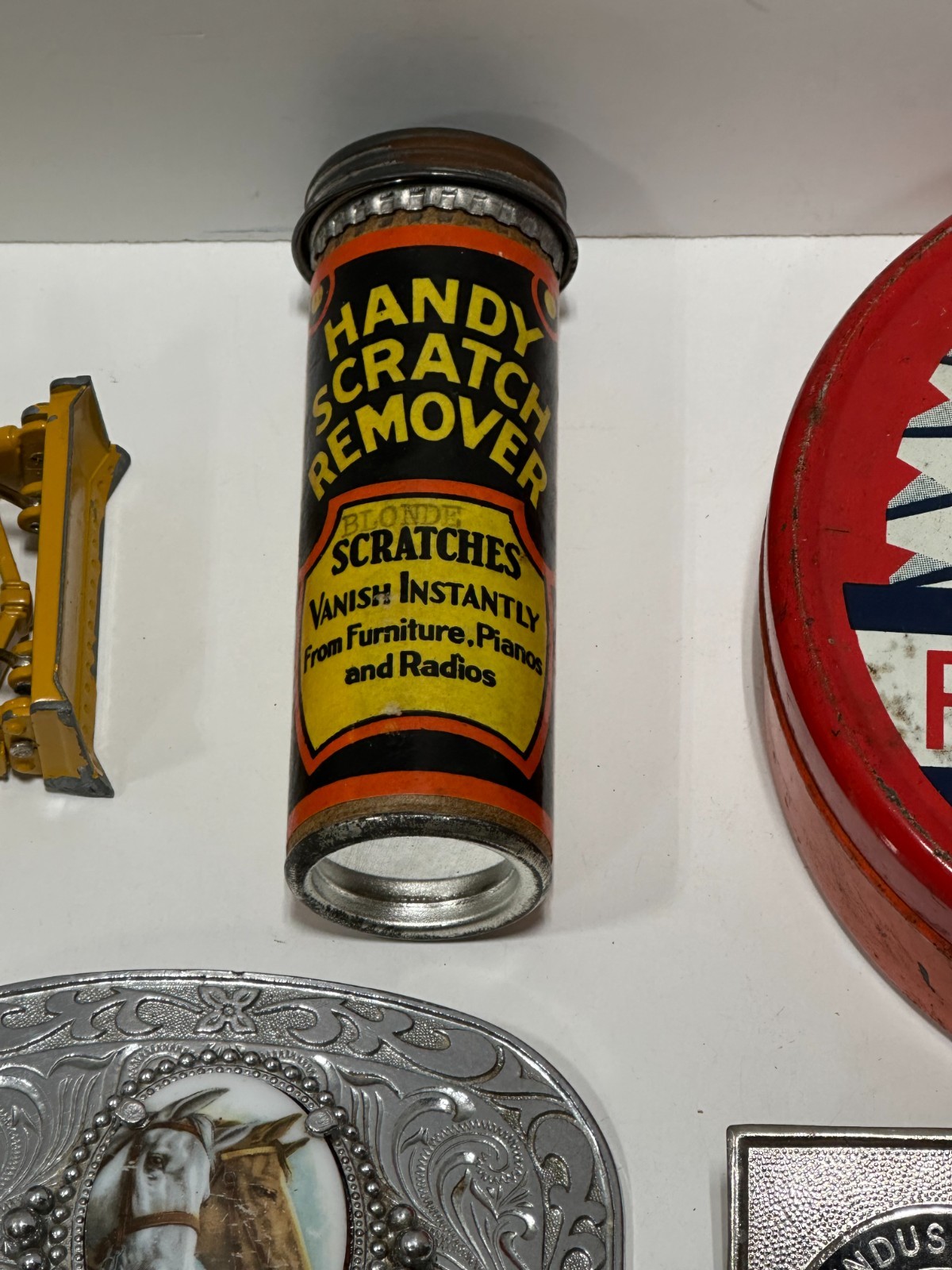 Vtg Advertising junk drawer lot lighters tins buckle badge zippo collectible