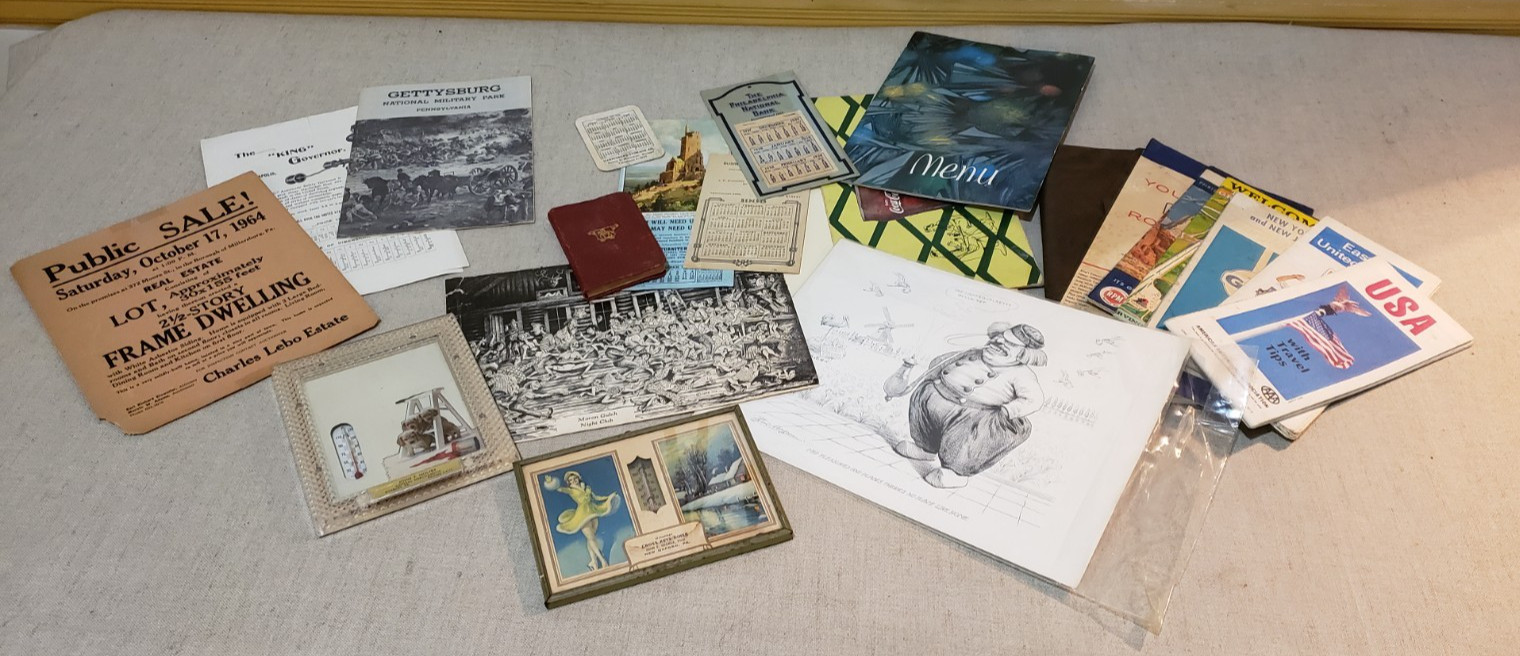 VINTAGE DESK DRAWER FINDS MAPS MENUS CALENDARS POLITICAL SATIRE SEE DESCRIPTION
