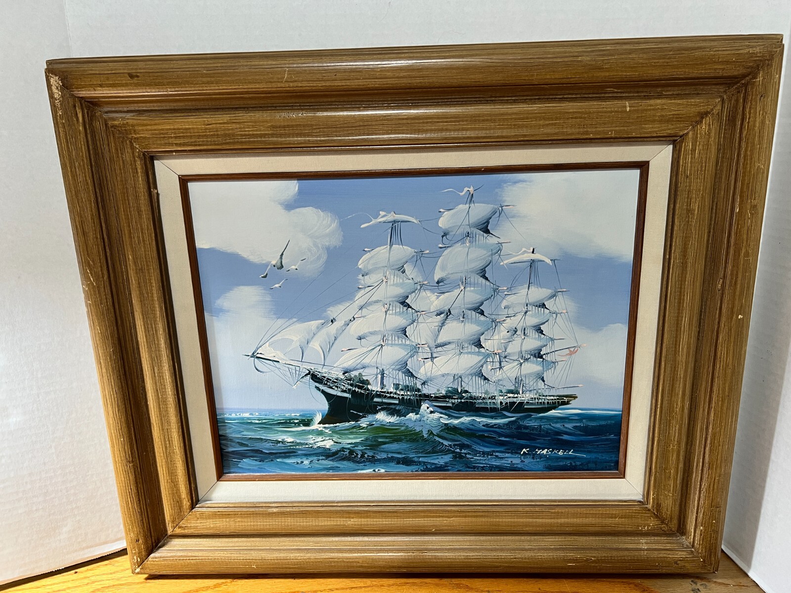 Framed K Maskell Sailing Ship Open Seas Painting 12×16