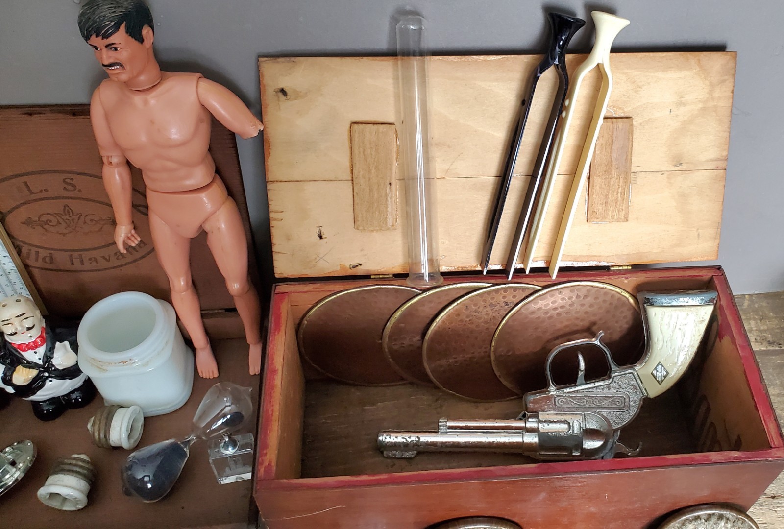VTG Junk Drawer Mixed Lot Arcade Coins Stamps Lab Tools Wooden Boxes Lone Ranger