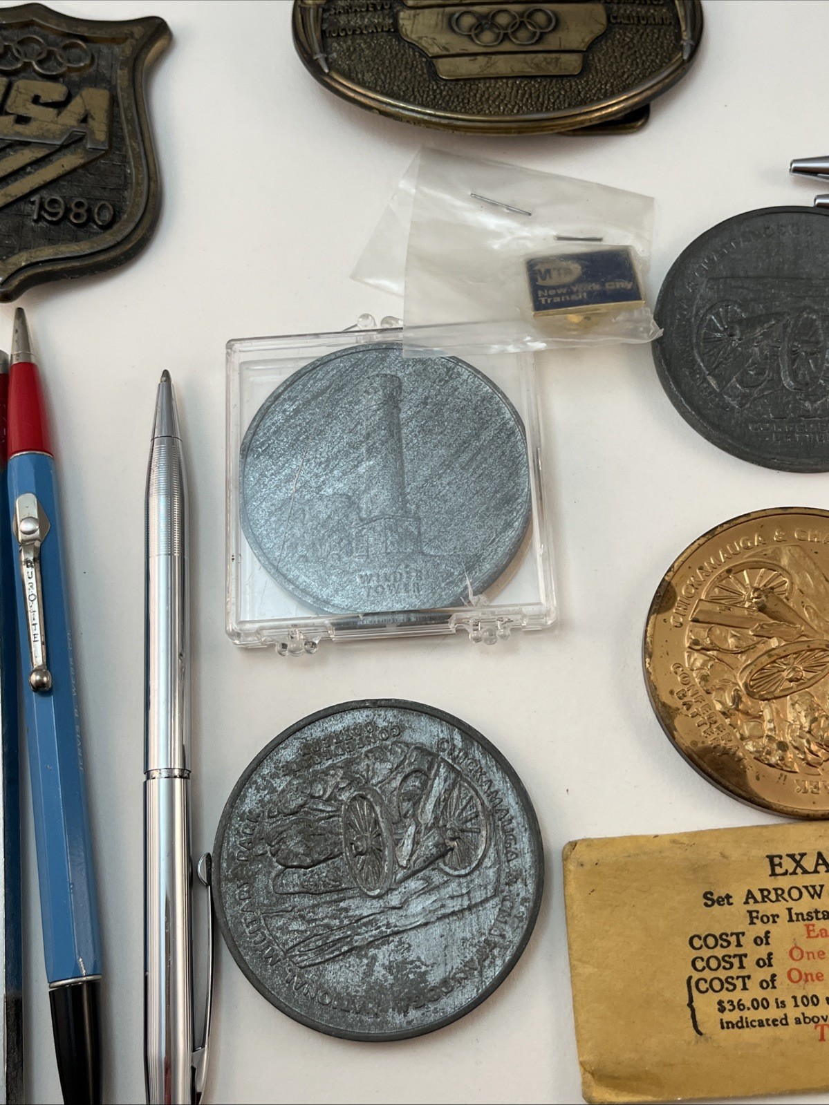 Vintage Tokens Belt Buckles Ink Pens Key Chain Junk Drawer LOT