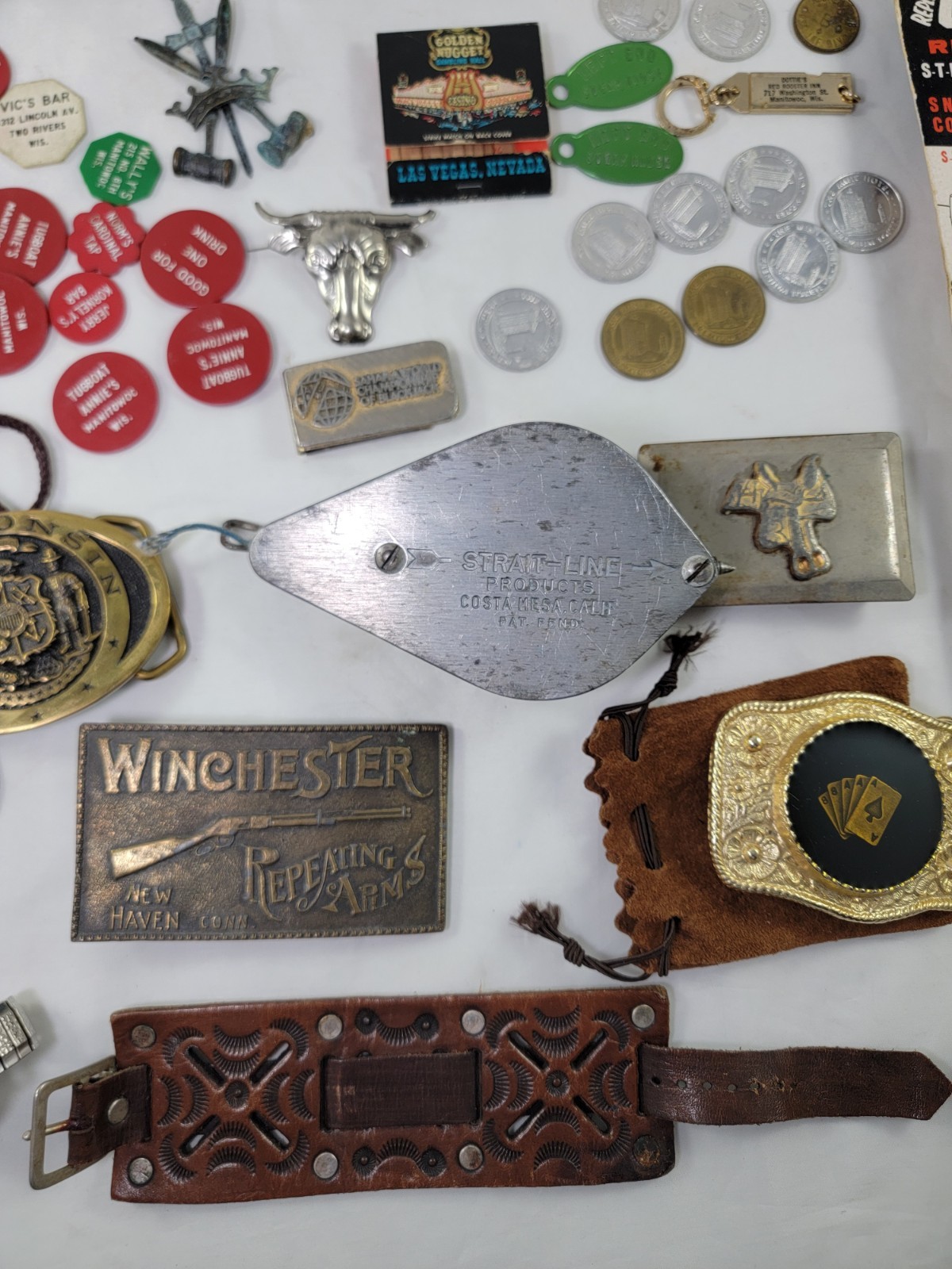 Men’s Estate Junk Drawer Lot Vintage Casino Coin Collectibles Watch Buckles Pins