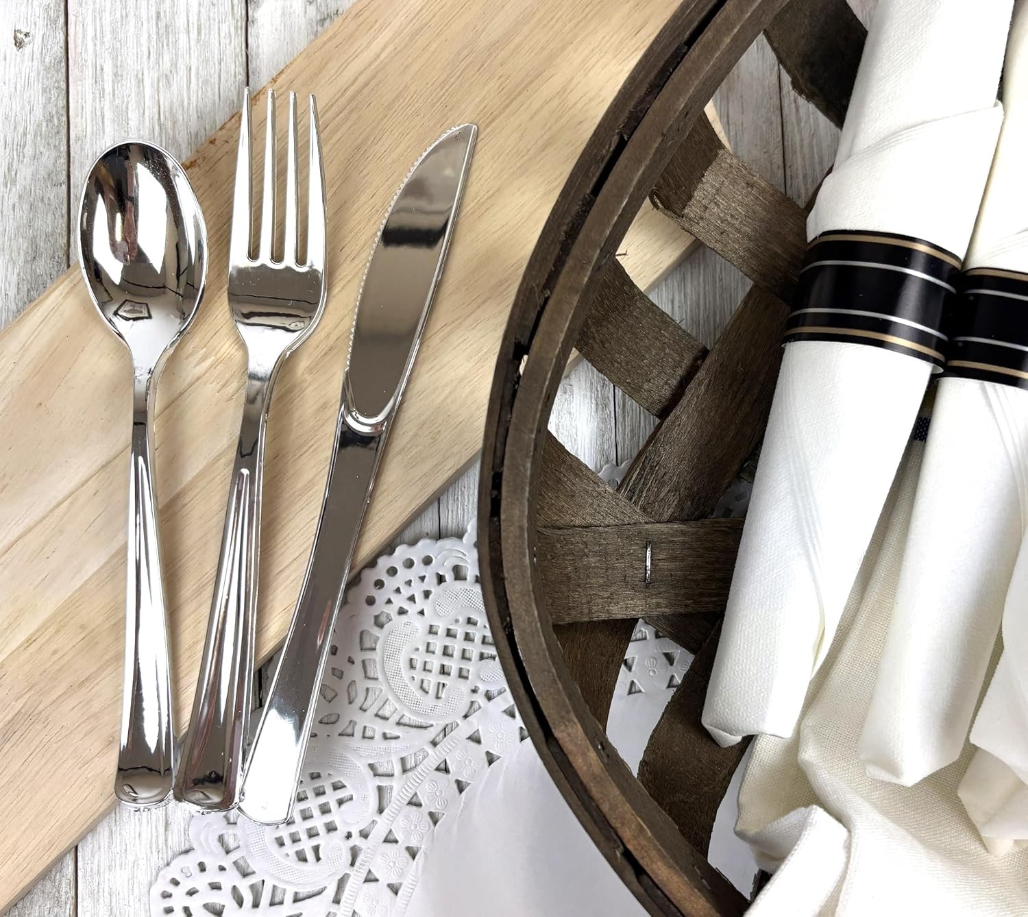 Pre-Rolled Dinner Napkin and Cutlery, Silver/Metallic Plastic (200 Sets)