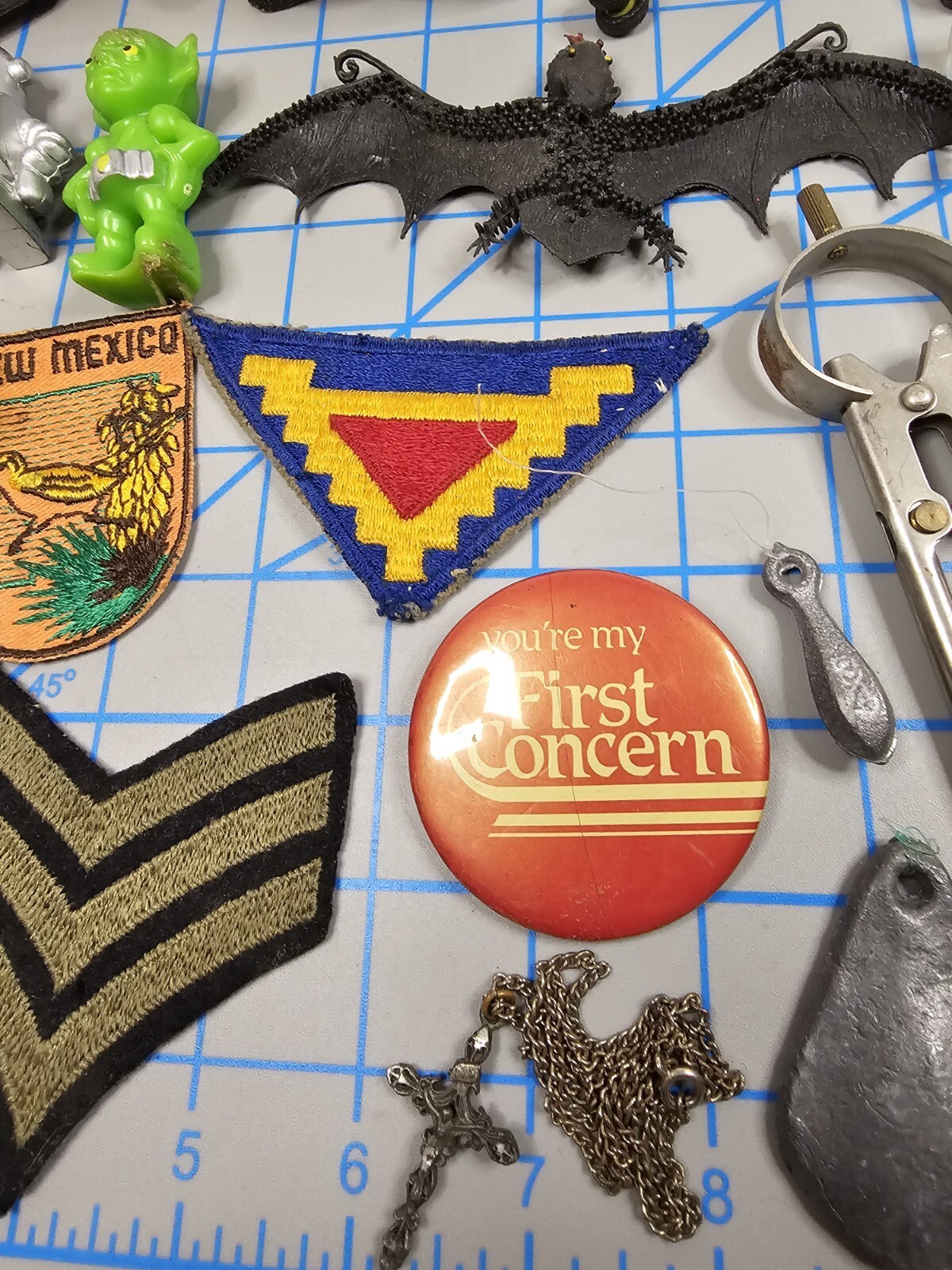 Vintage Junk Drawer Lot Knives Toys Patches Pins Keychain Ruler Figurine More