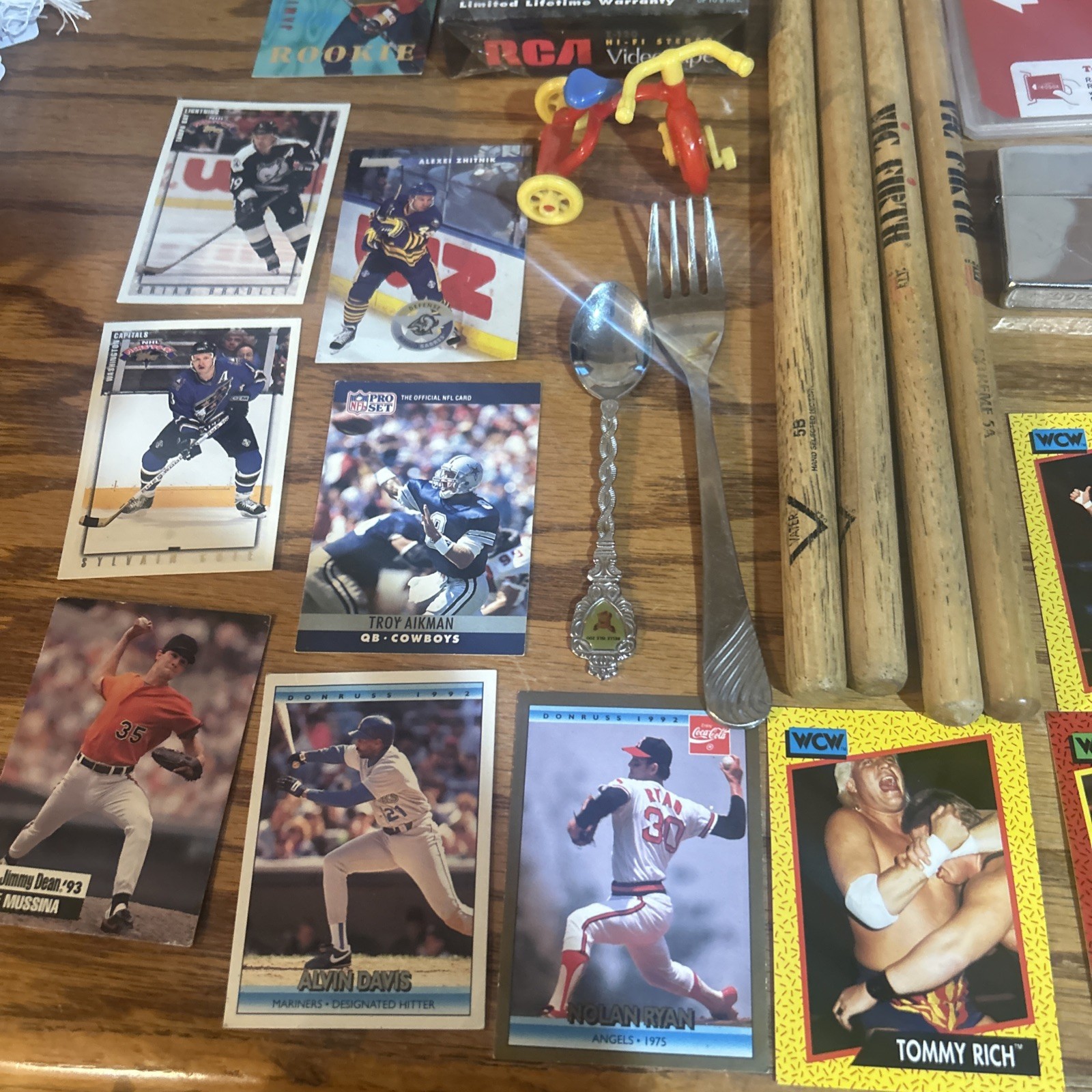 Vintage Junk Drawer Mixed Lot Stuff Zippo Wcw Drum Sticks VCR Cassette
