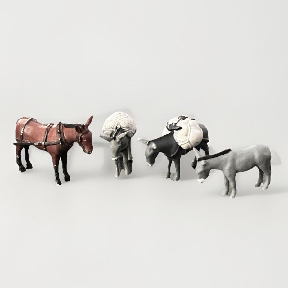 Lot of 4 Metal Miniature Donkeys Pack Mules O Scale 1:48 Diorama Pewter