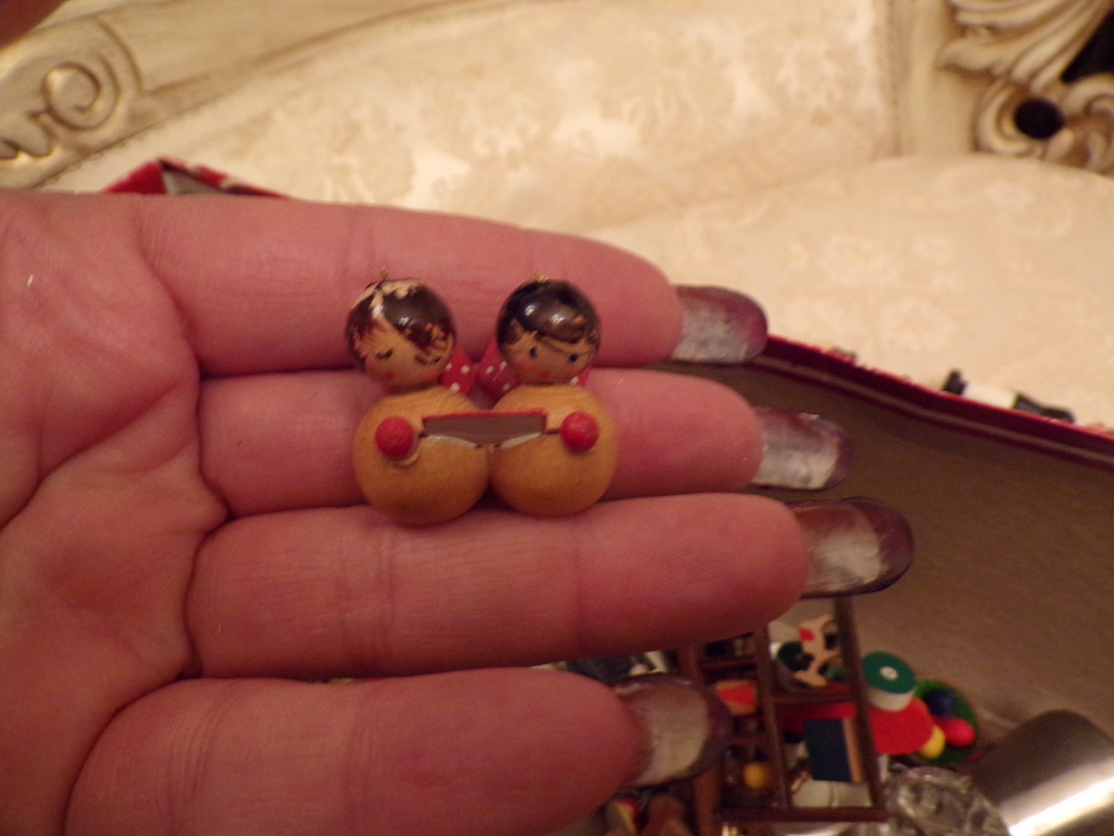 VTG Large Box of Miniatures Wooden Ornaments, Glass Figurine and Metal