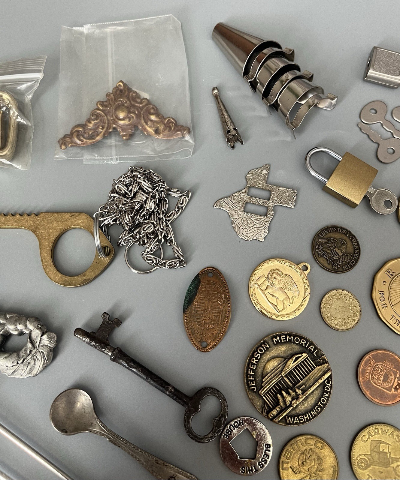 VTG Junk Drawer All Metal Misc Items Coins-Keys-Lock-And More