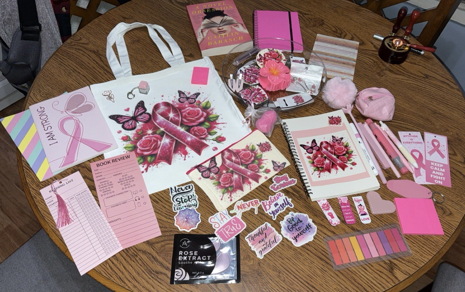 Breast Cancer Awareness Pink Ribbon Gift & Stationery Lot Tote Bag Pens Notebook