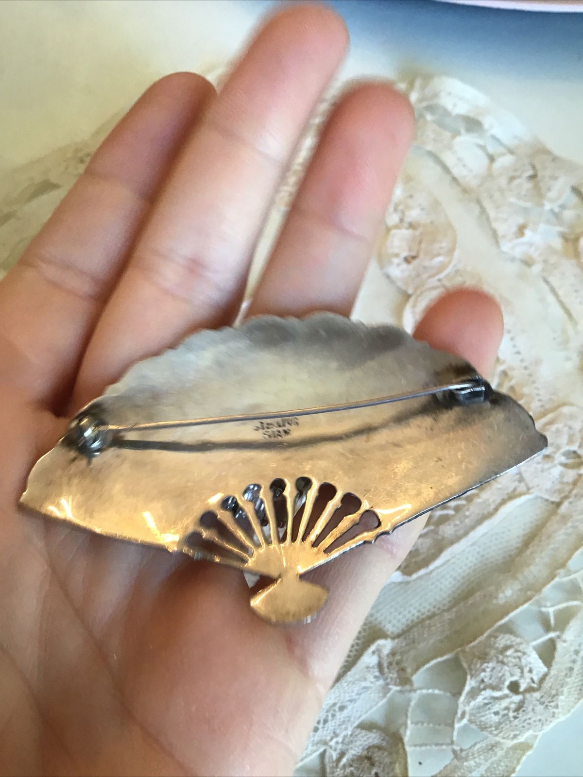 Vtg Large Sterling Siam Fan Pin 3” Wide