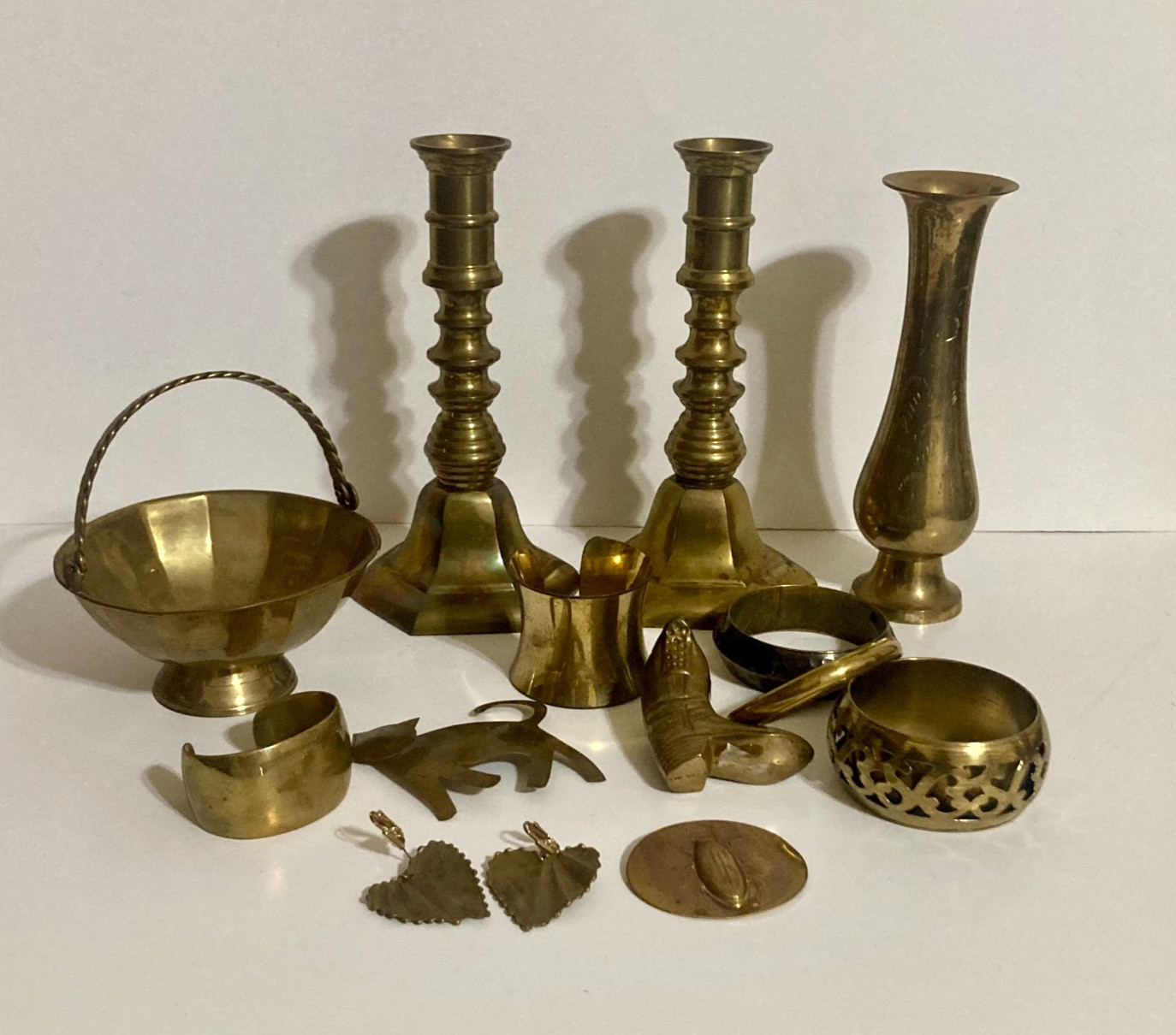 Vintage Junk Drawer Lot Brass- Candlestick Vase Basket Jewelry