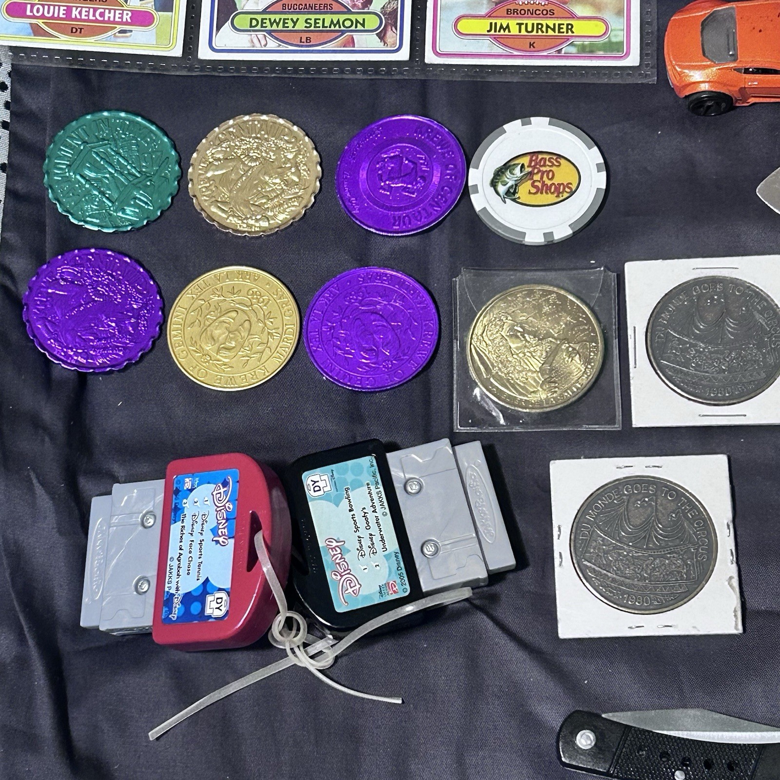 Vintage Junk Drawer Lot Sports Cards Coins John Deer Games Golden Retriever Cars