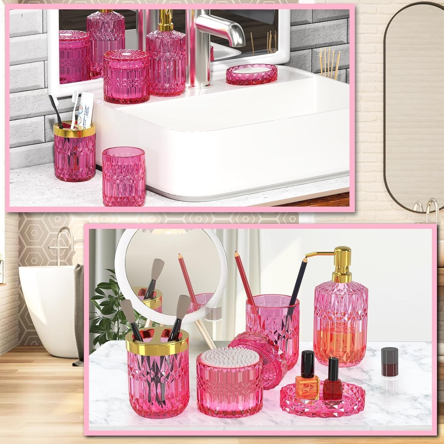 Hot-Pink Glass Bathroom Accessories Set 5 Pcs, Hot-Pink Bathroom Set, Soap …..