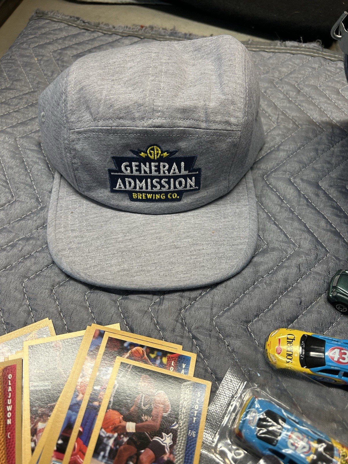 Junk Drawer Lot, Vintage Dominoes, Beer Bucket, Basketball cards, Brewery hat