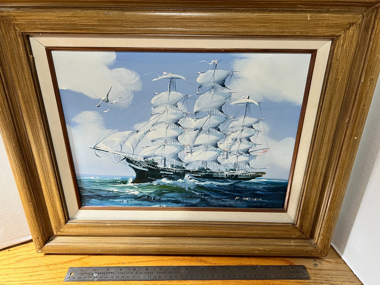 Framed K Maskell Sailing Ship Open Seas Painting 12×16