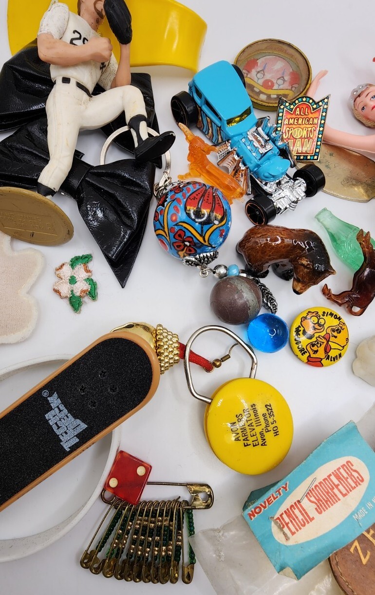 Vintage Antique Junk Drawer Lot Toys Keychain Pin Figurines Mixed Materials