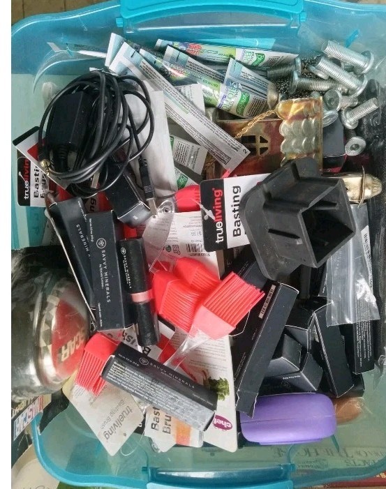 Lot Of Various Small Misc. Junk Drawer Items Box-6in X 6in X 6in SEE DESCRIPTION
