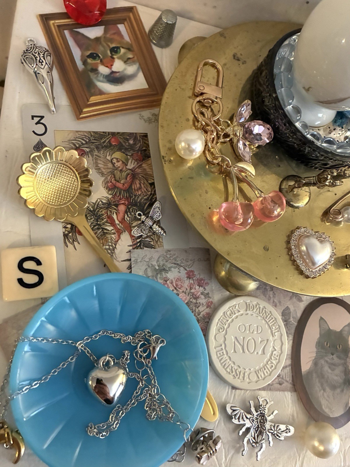 Antique Silver Plate Stand Akro Agate Dish Cat Fig. Jewelry Junk Drawer Art Lot