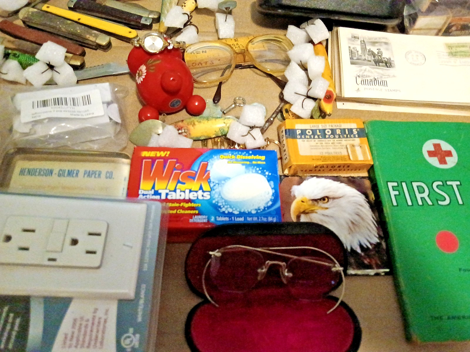 Junk Drawer Lot Vintage & Modern Lures Knives Tobacciana Ephemera Eyeglasses etc