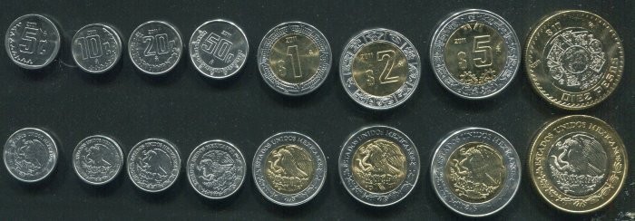 MEXICO 8 coins set ，5 10 20 50 Cents 1 2 5 10 Pesos UNC