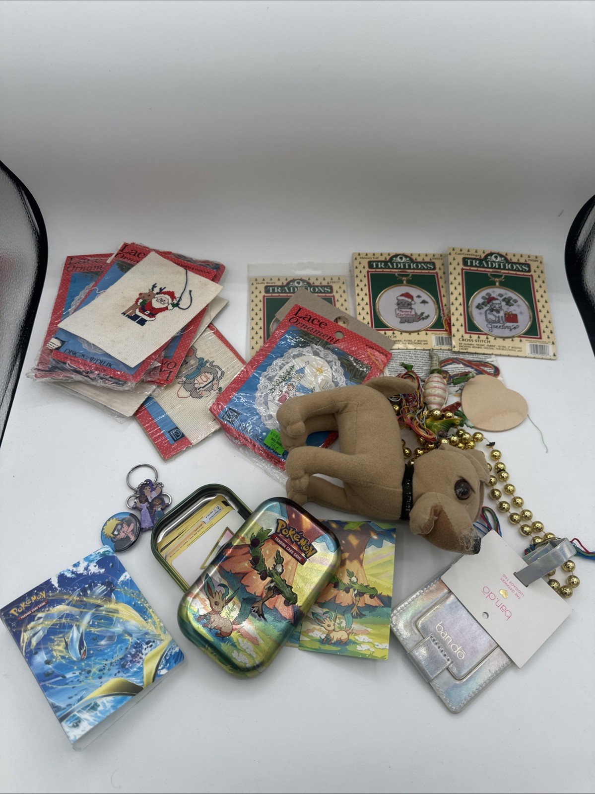 Junk Drawer Lot Miscellaneous VTG Cross Stitch Pokemon Cards Xmas Friends Naruto