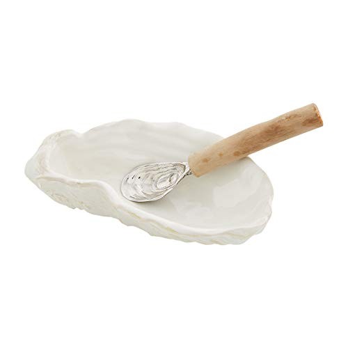 Mud Pie OYSTER SHAPED DIP SET, 6 1/2″ x 4 1/4″ | Spoon 5 1/2″, White