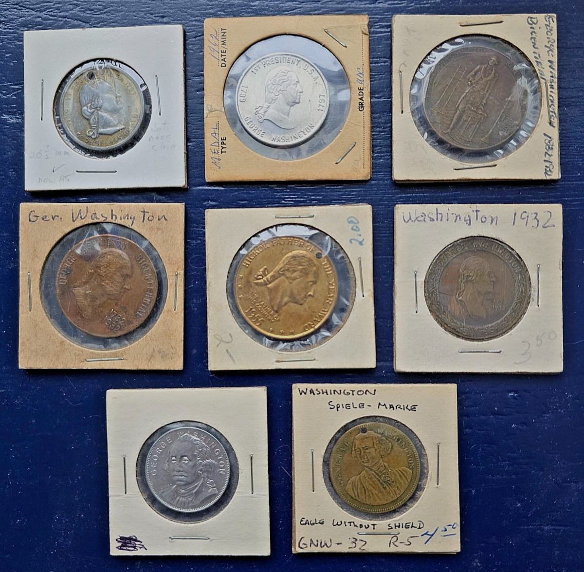 Lot of 8 vintage GEORGE WASHINGTON TOKENS / COINS/ MEDALLIONS, all in folders