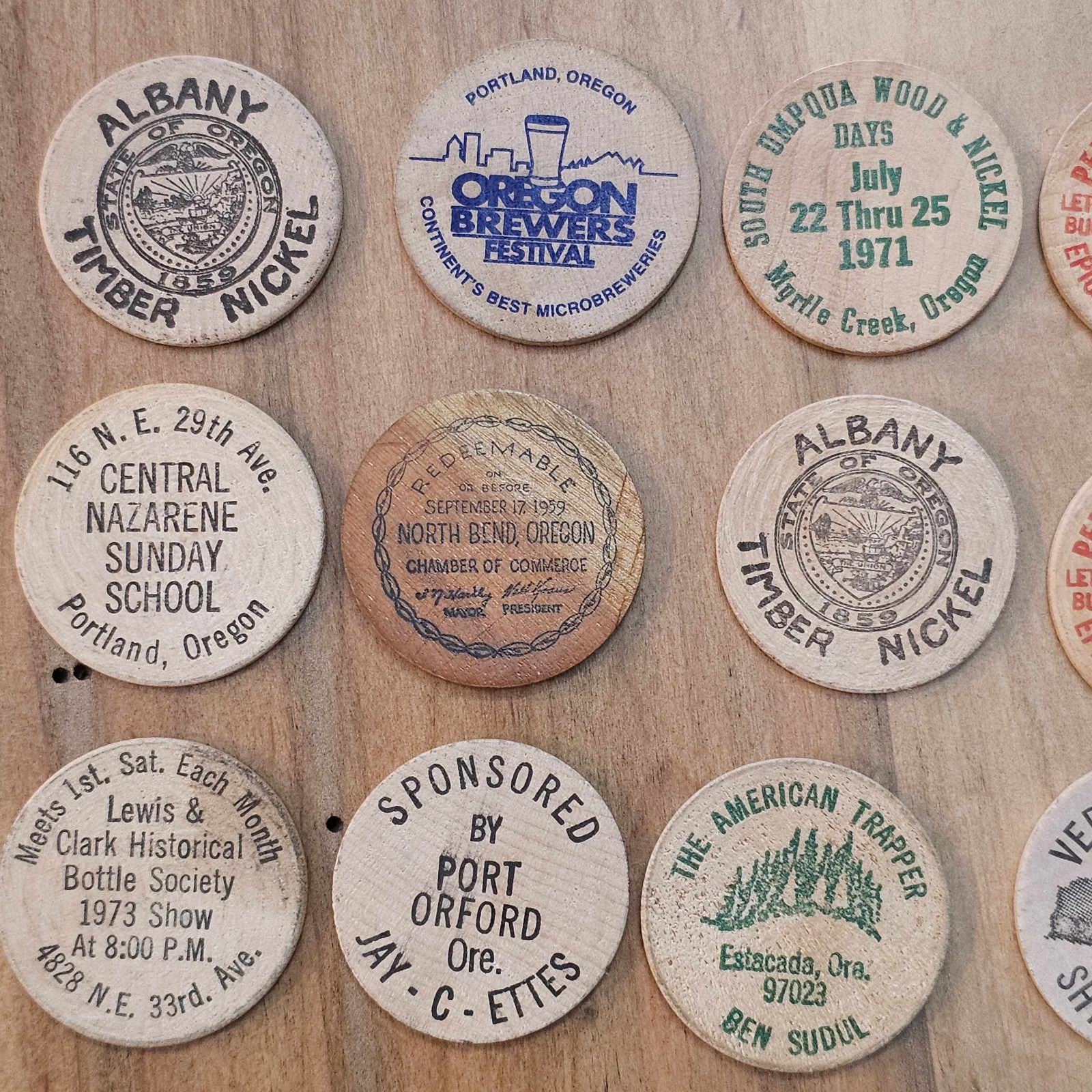 Junk Drawer Lot- Wooden Nickels, Casino Chips, Milk Cap -Washington, Oregon, Ect