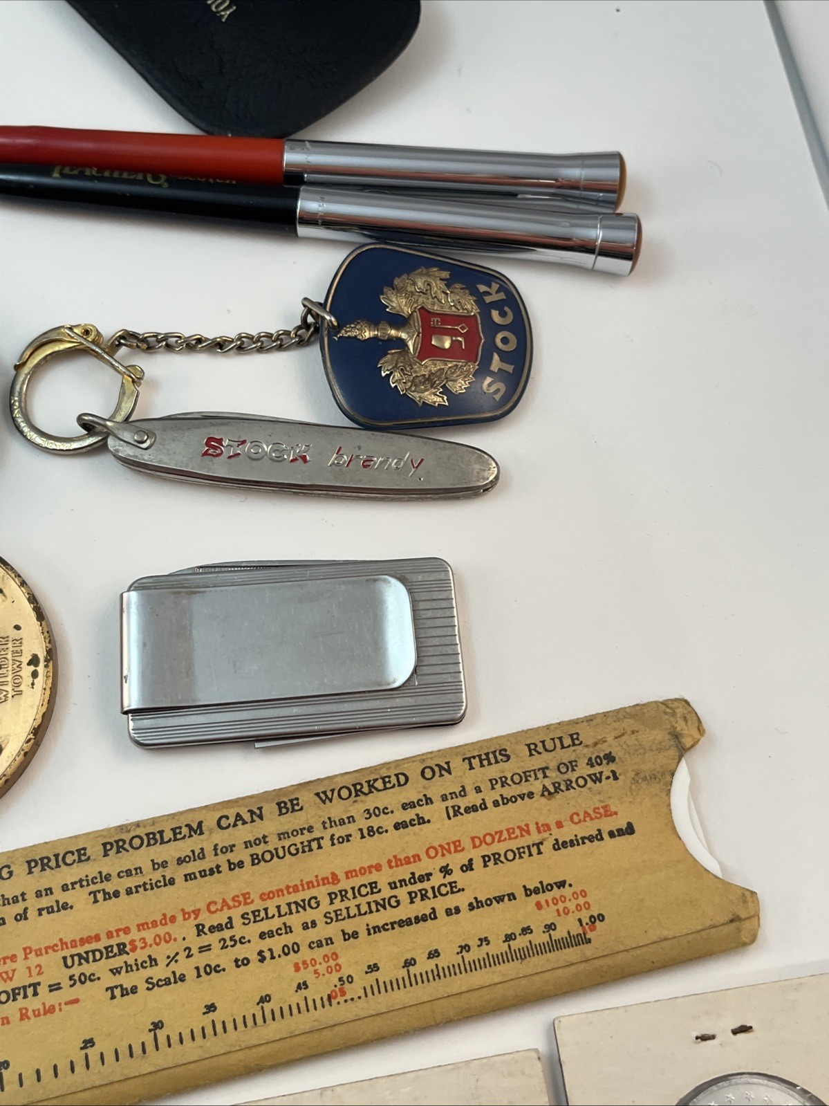 Vintage Tokens Belt Buckles Ink Pens Key Chain Junk Drawer LOT