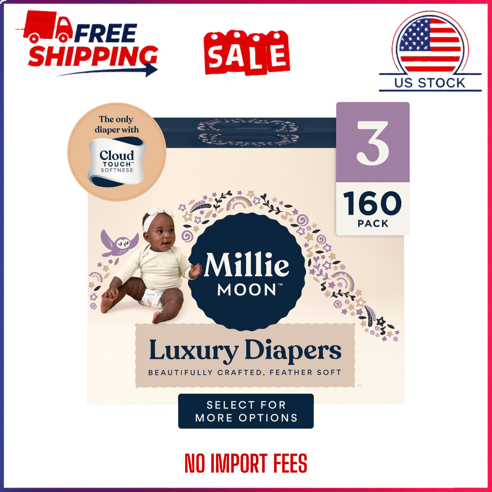 Millie Moon Premium Baby Diapers Size 3, 160 Count Free Shipping