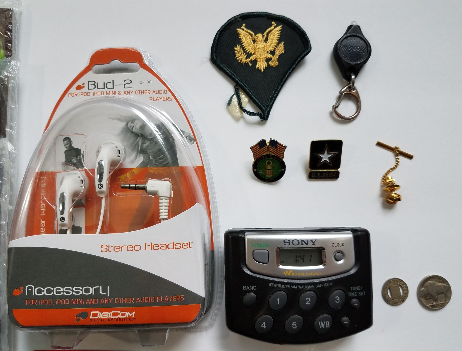 Junk Drawer Lot Army Patches Sony Radio Pins Cards Coins Military Medal Magazine