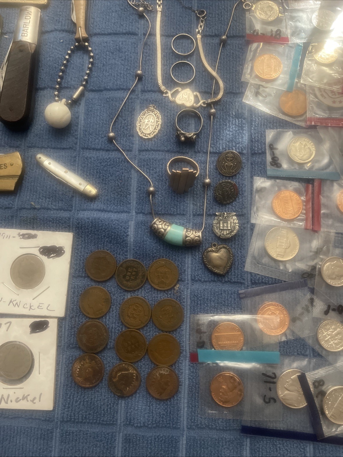 Large Lot Coins Hand full Of Sterling Silver Knives Collectables Ect