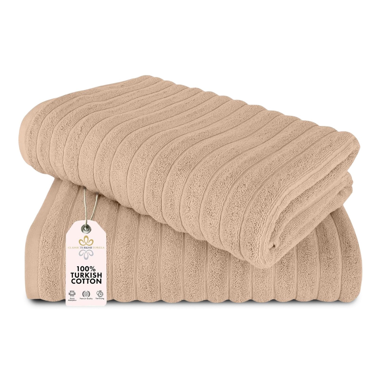 Classic Turkish Towels 2 Pc Jumbo Bath Sheets 40×65 Almond Beige 100% Cotton